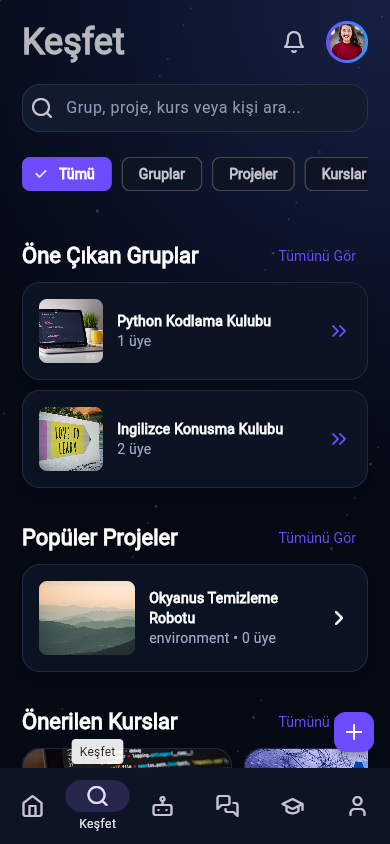 Mentora Keşfet ekranı