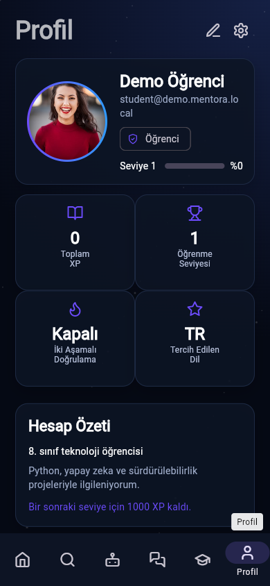 Mentora öğrenci profil ekranı