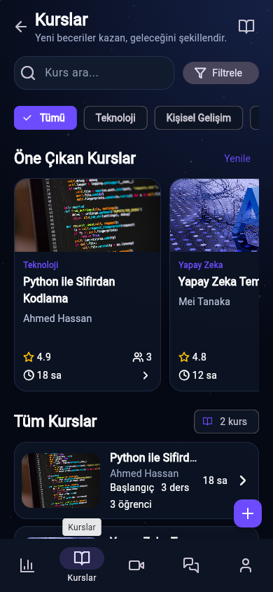 Mentora Kurslar ekranı